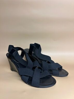 Jaclyn Smith Black Elastic Crisscross Wedge Sandals
